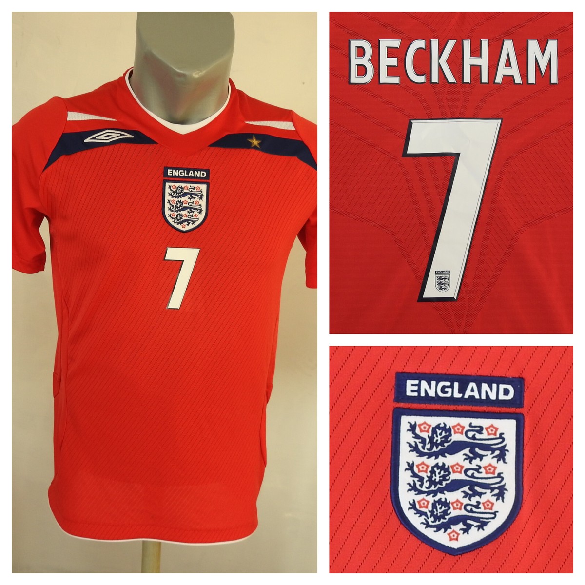 England 2008 Away Jersey #7 Beckham Umbro Red Shirt Size Boys XL