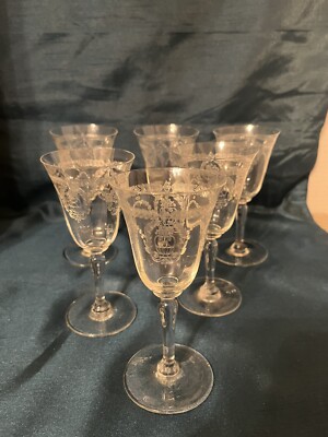 Vintage Stemmed Clear Wine Glasses Etched Laurel Wreath -VERY