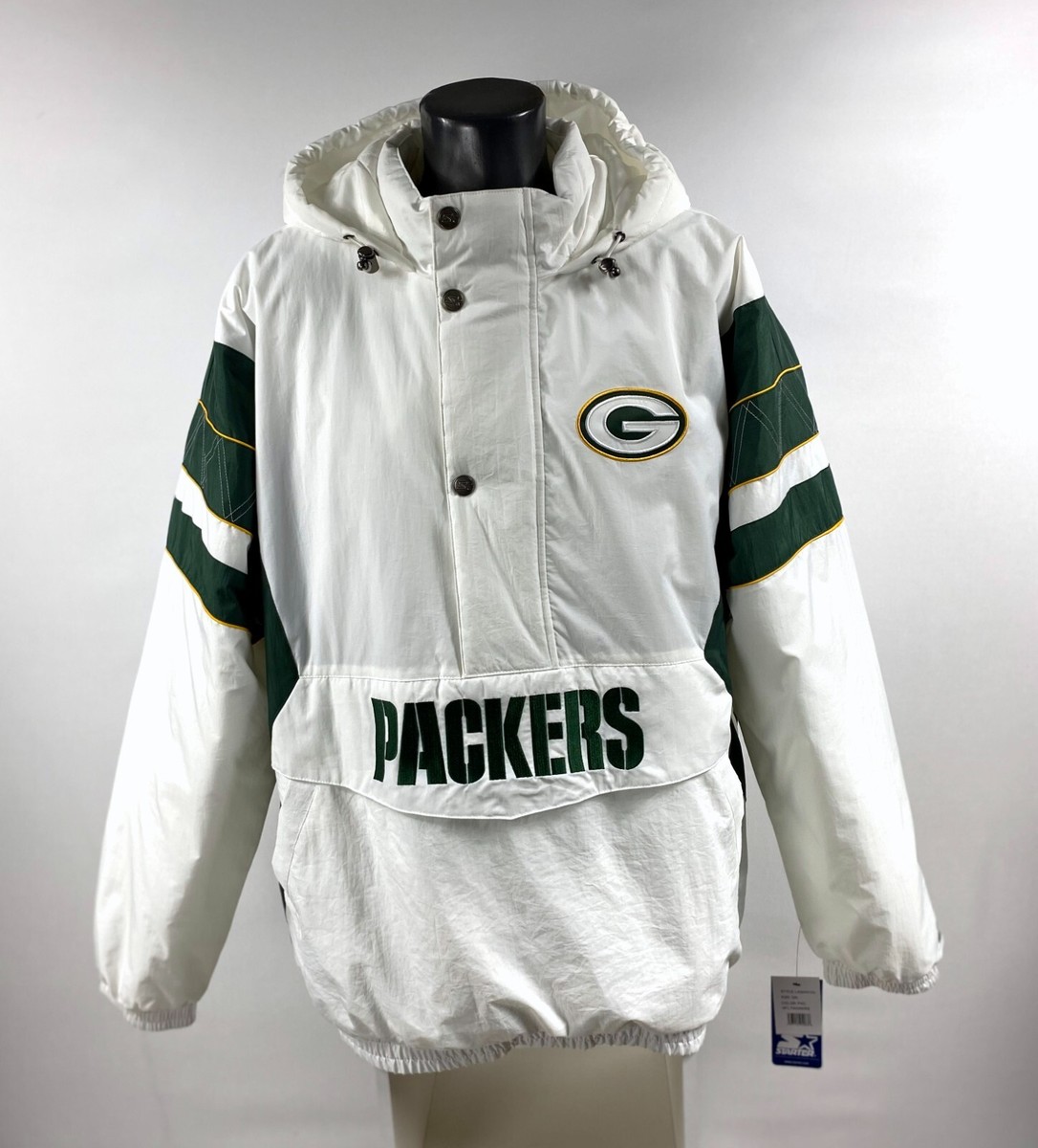 Packers Jacket Green Bay Starter Hooded Half Zip Pullover WHITE 3X