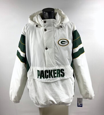 Packers Jacket Green Bay Starter Hooded Half Zip Pullover WHITE 3X