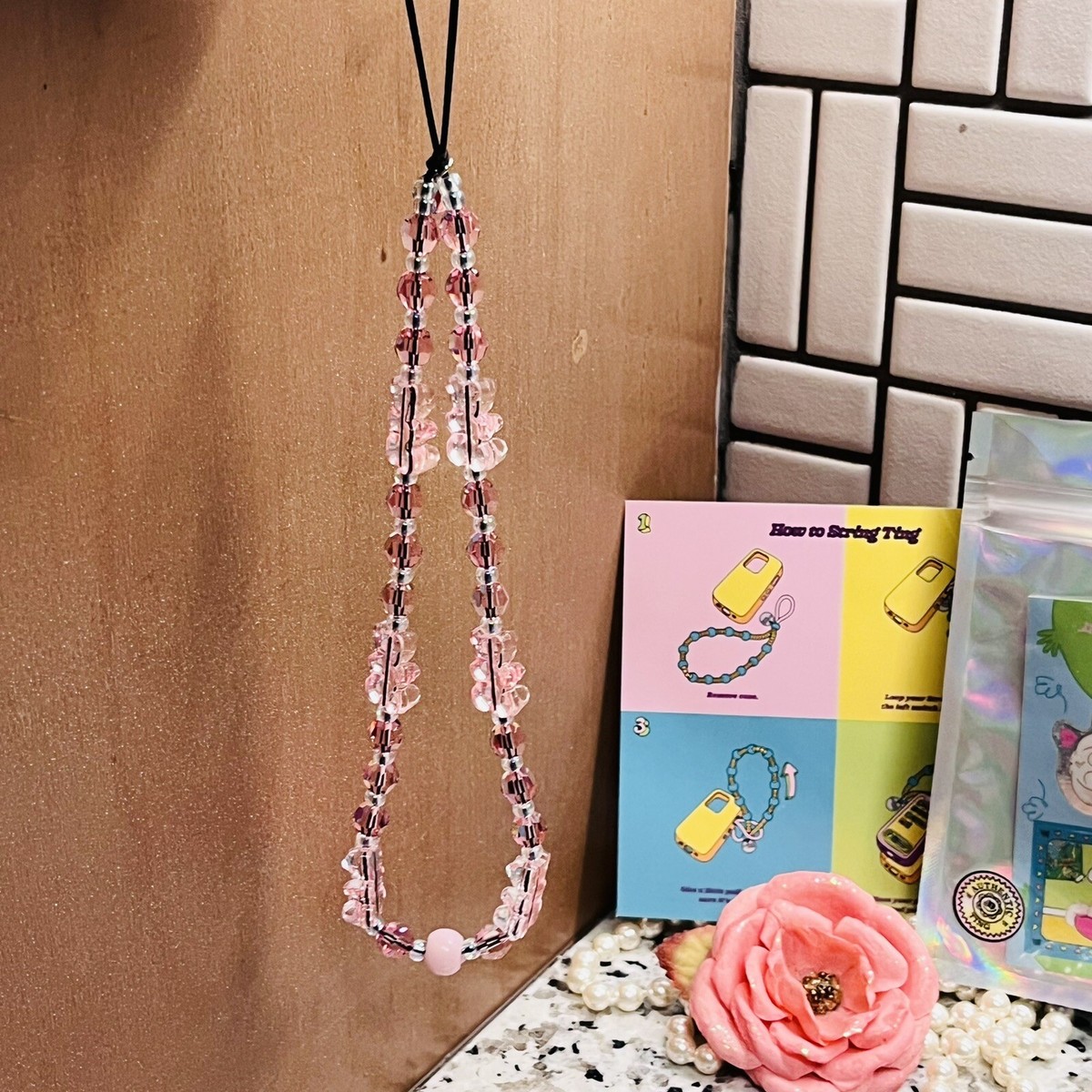 String Ting London Bear-y Rose Drip Crystal Wristlet Phone Strap