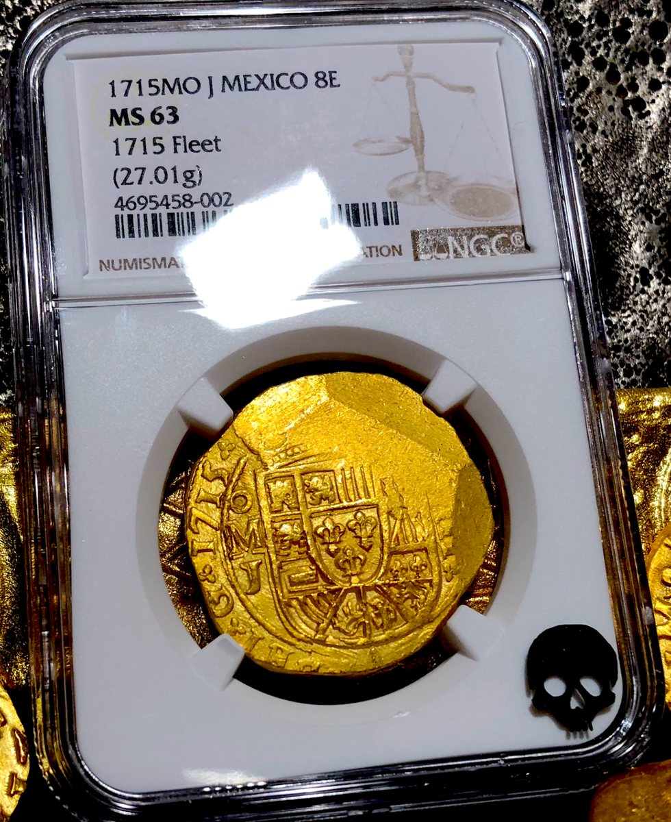 NGC 63 MEXICO 1715 FLEET SHIPWRECK 8 ESCUDOS PIRATE GOLD COINS