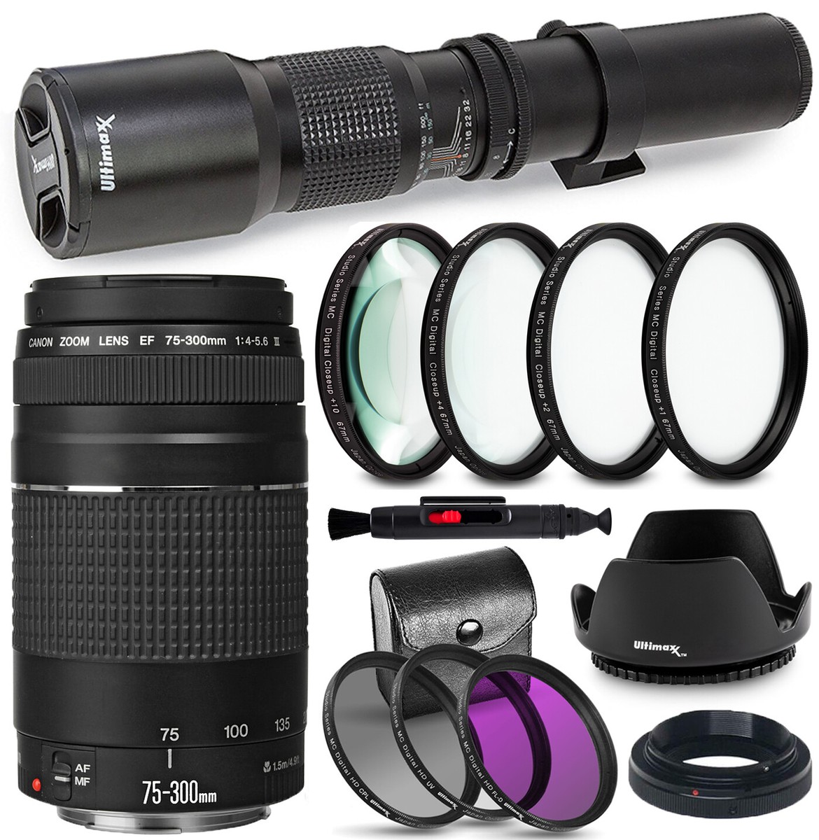 Canon EF 75-300mm f/4-5.6 III Lens (Black) + 500mm Preset Lens +