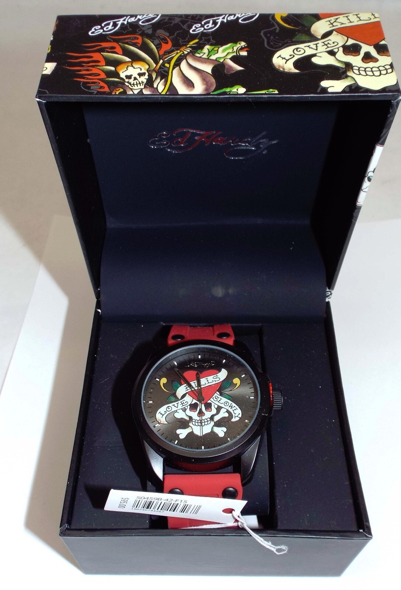 New Mens Ed Hardy Men's Skull Red Silicone Strap Watch 46mm Boat