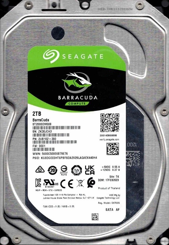 ST2000DM008 P/N: 2UB102-300 F/W: 0001 TK ZK30 FEB 2023 Seagate 2TB