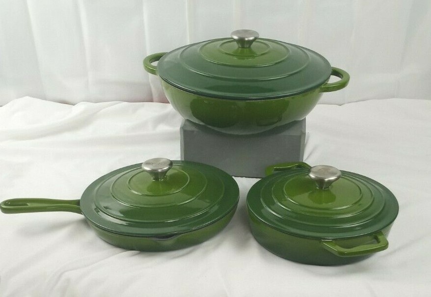 COOKS ESSENTIAL GREEN CAST IRON POT 1.5 QT & 4 QT, FRYING PAN 1 QT