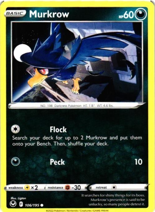 2022 POKEMON SILVER TEMPEST TCG MURKROW HP 60 106/195 COMMON CARD