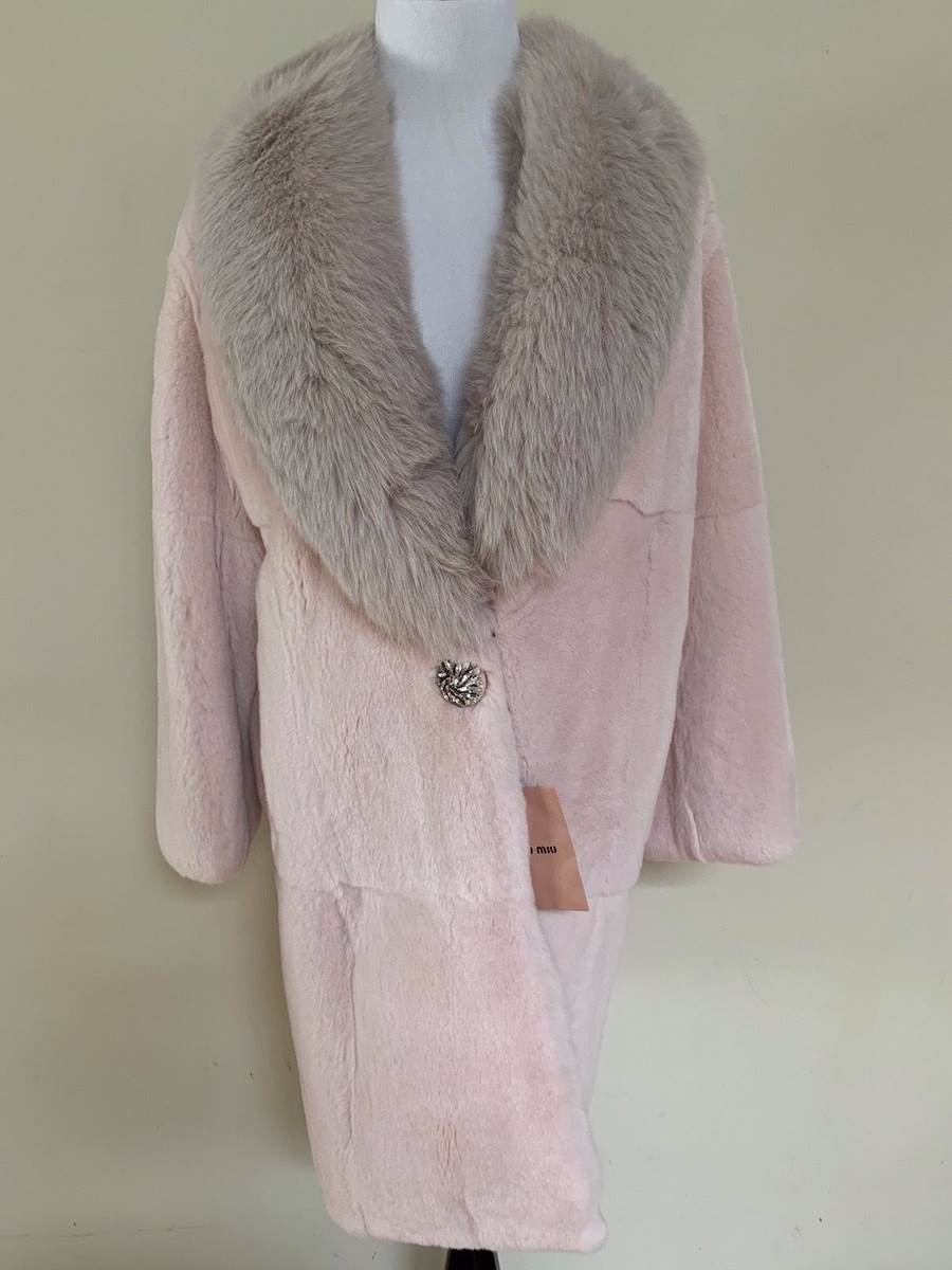 NWT Miu Miu Light Pink Rex Rabbit Fur Fox Collar Crystal Coat Sz