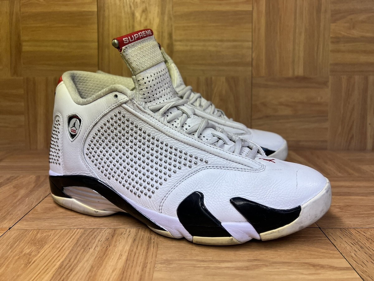 EUC🔥 Nike Air Jordan 14 XIV Retro Supreme White Chrome Studs Sz