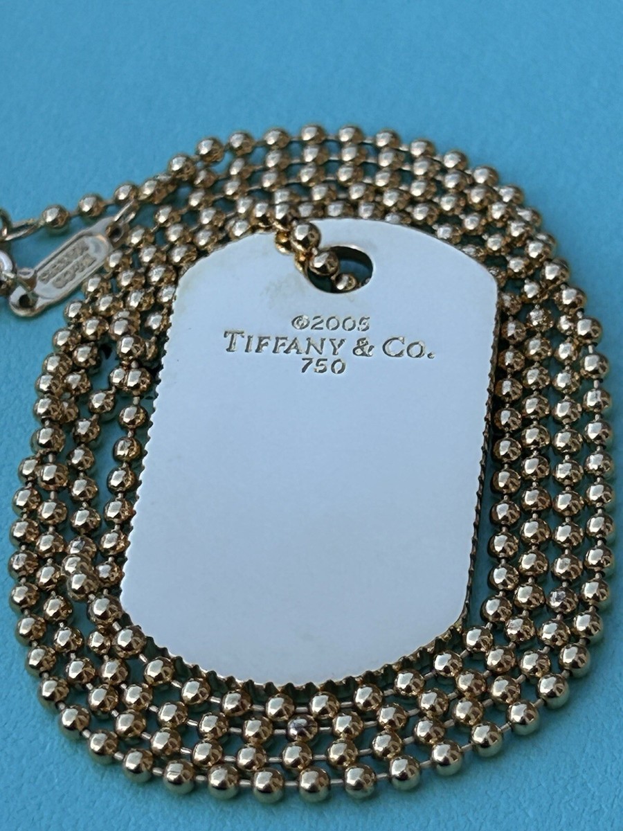 Tiffany & Co 18K Gold Coin Edge ID Dog Tag Pendant Bead Chain