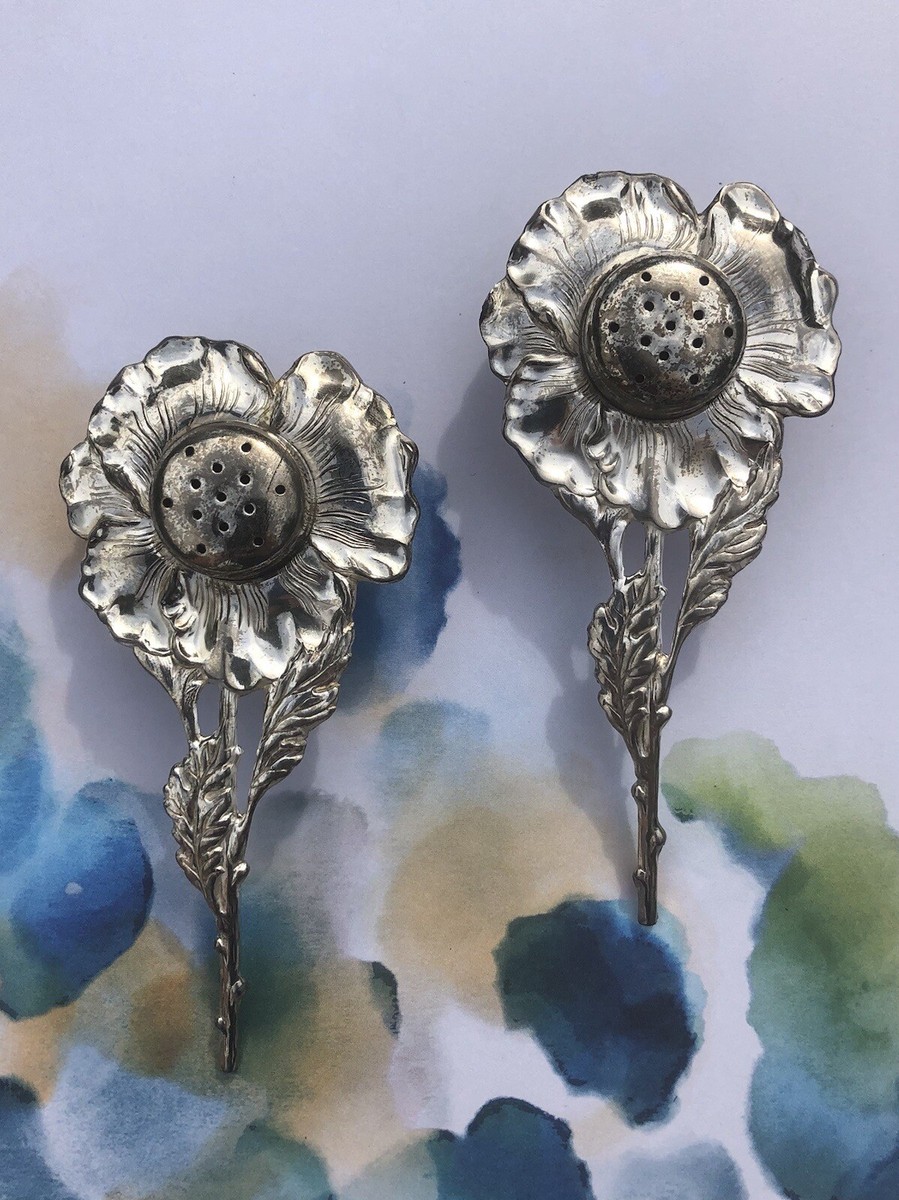 Vintage Flower Salt and Pepper Shakers Silver Japan Repousse Style