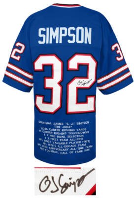 O.J. Simpson Signed Blue T/B Embroidered Stat Custom Football
