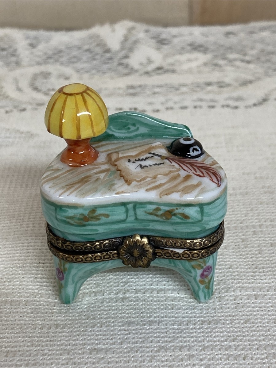 LIMOGES PEINT MAIN Chanille Writing Desk Trinket Box with Pince