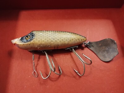 Heddon Flap-Tail Vtg Wooden Fishing Lure Glass Eyes, Musky