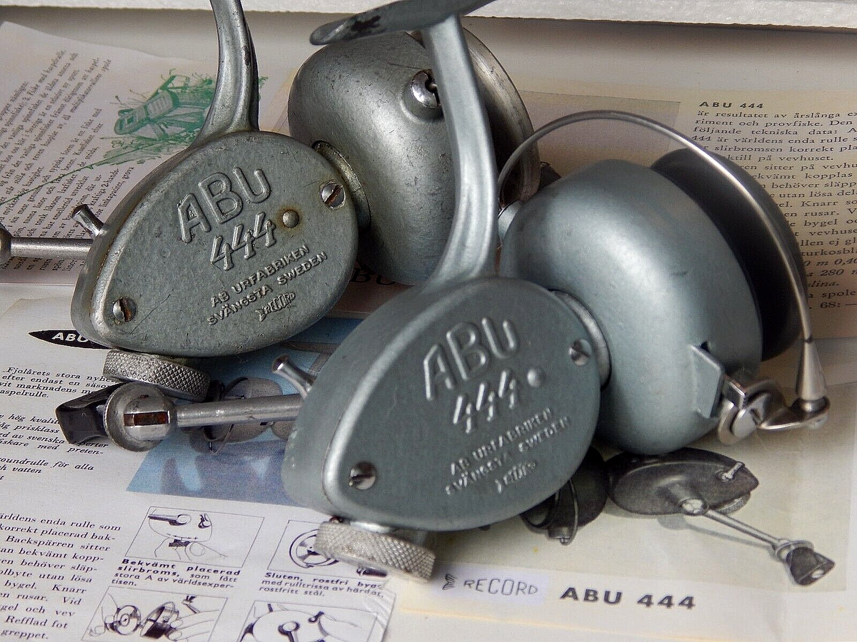 Early versions of 1950-60s' vintage ABU Record 444 spinning reels