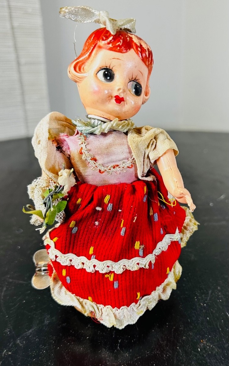 VTG Collectible WIND UP TIN DANCING CELLULOID GIRL DOLL OLD TOY