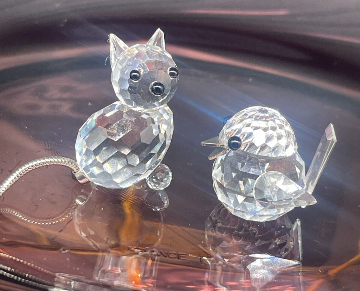 SWAROVSKI Austrian Lead Crystal Mini Cat w/Metal Tail and Bird