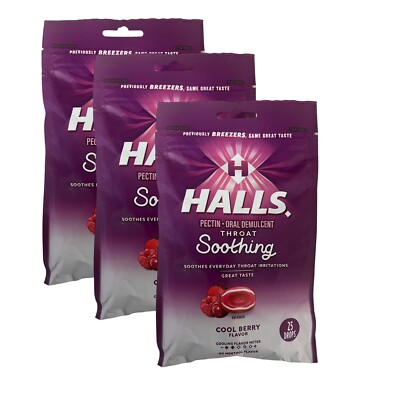 3X HALLS Throat Soothing Cool Berry Flavor Cough Drops 3 Bags 75
