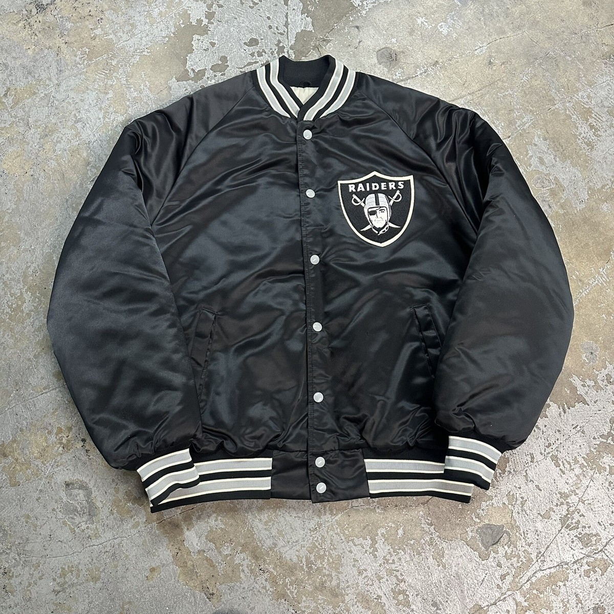 Vintage 80s Los Angeles Raiders Black Bomber Satin Jacket XL Made