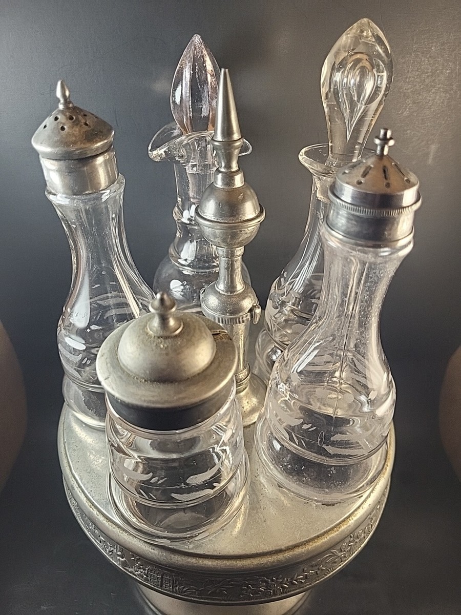 Antique Meriden Silver Plate 5 Piece Cruet Set, Etched Clear Glass