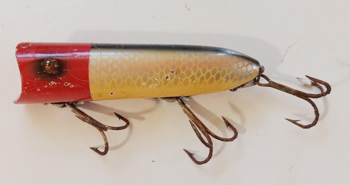 Vintage Heddon Lucky 13 Glass Eyes Wood Fishing Lure Red Head in