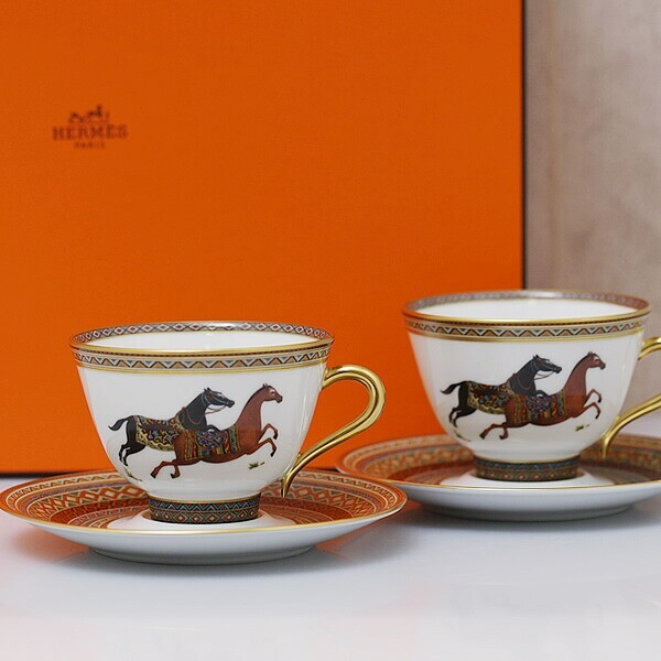 HERMES Paris Cheval d'Orient Horse Printed Tea Cups & Saucers set