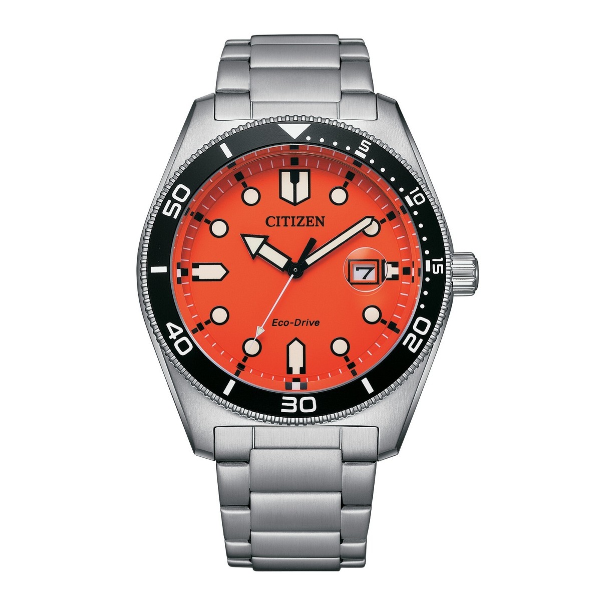 Citizen Men's Eco-Drive Silver Date Indicator Orange Dial Watch 43