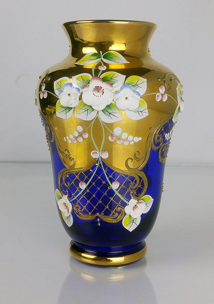 Bohemia Glass Cobalt Blue Gold / Raised Enamel Vase Czech-Vintage