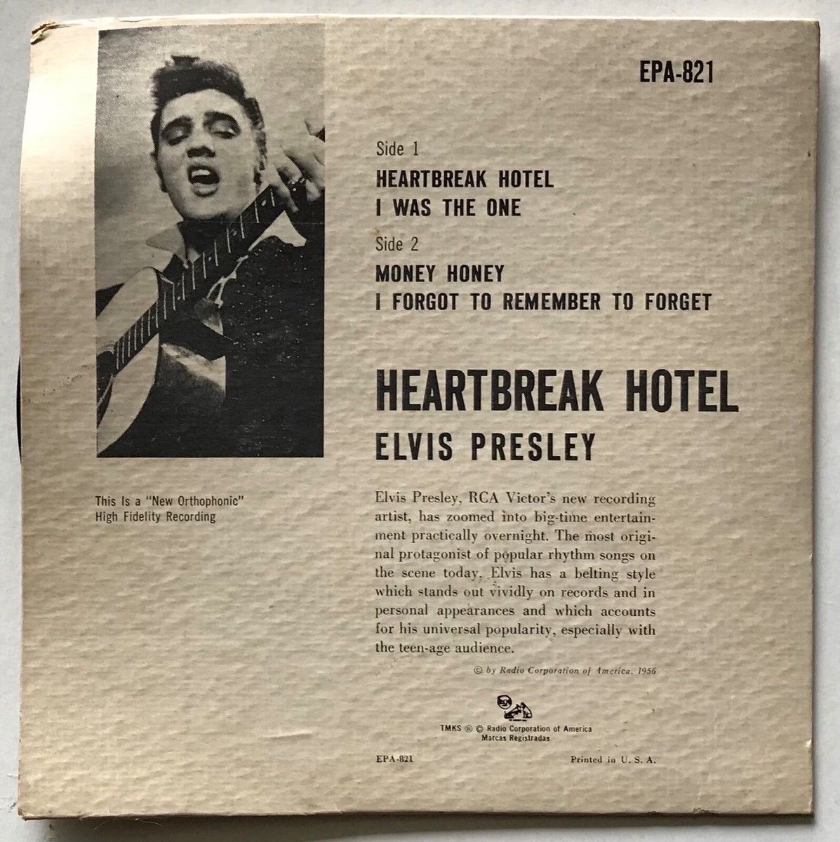 Elvis Presley - Heartbreak Hotel - 1956 - 45 RPM - EPA-821 | eBay