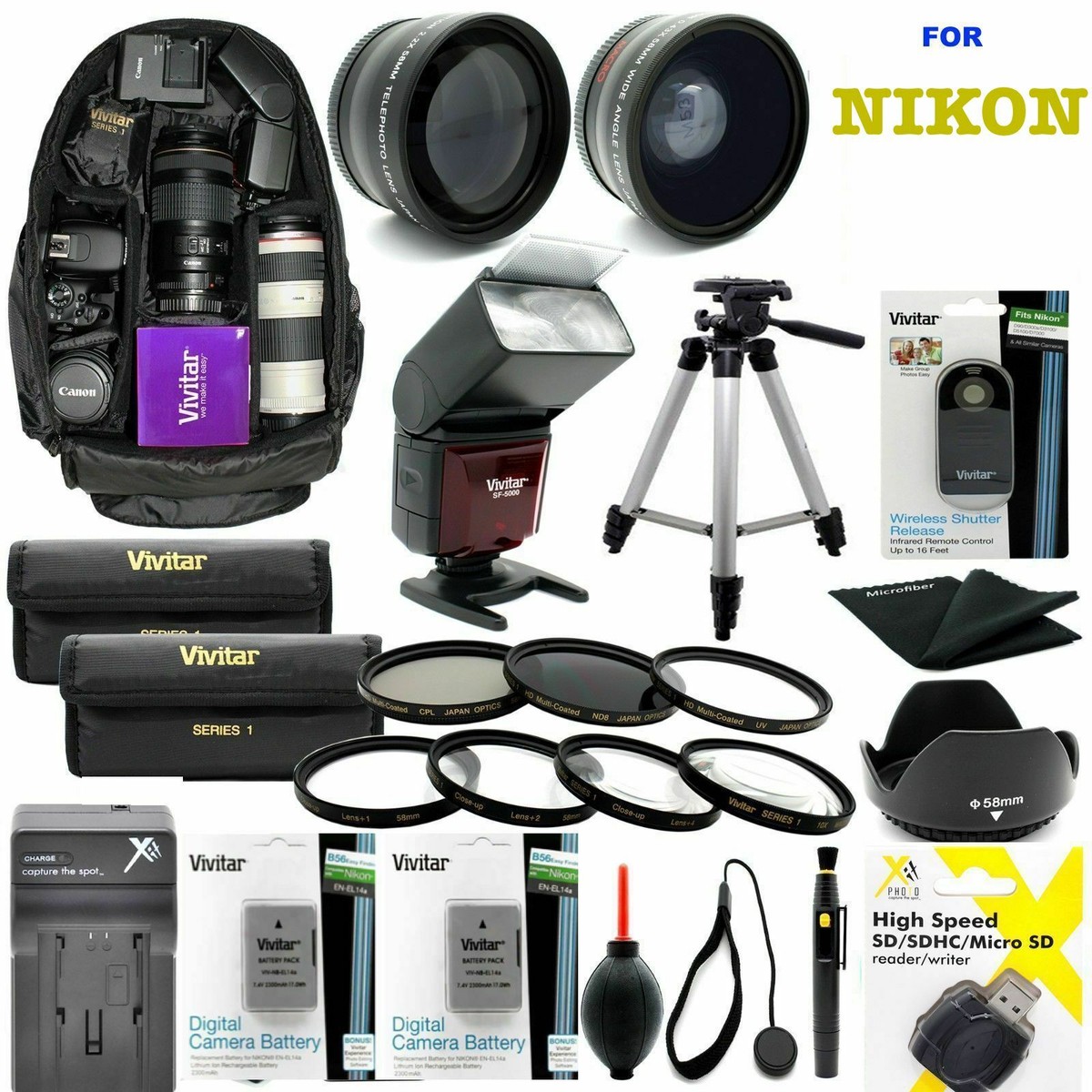 Nikon D3100 DSLR CAMERA FULL 52MM HD ACCESSORY KIT LENSES FLASH