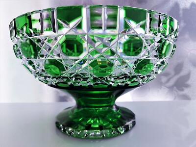 CAESAR CRYSTAL BOHEMIA Emerald Green Footed Bowl Hand Cut to Clear