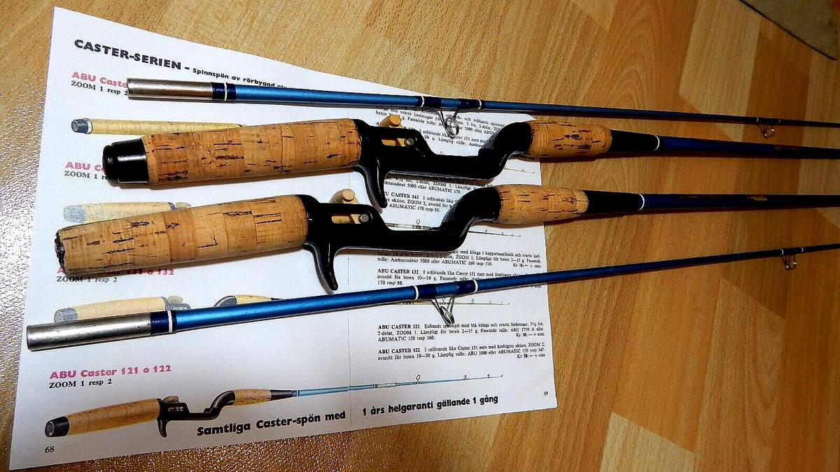 Paired 60s vintage ABU Caster 121/122 Zoom 1 &2 glass casting rods