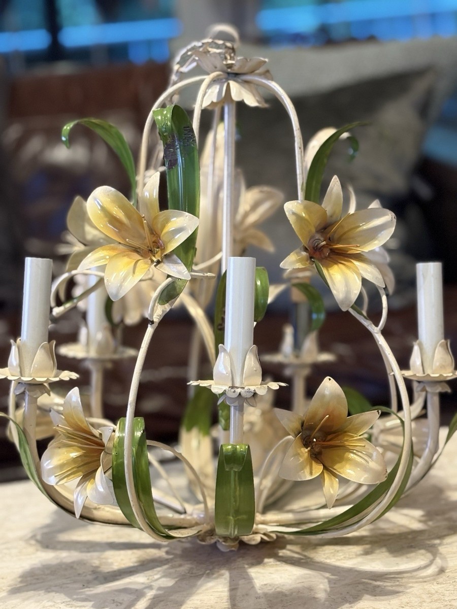 Vintage 60s Chandelier Painted Italian Flower Lily Hollywood