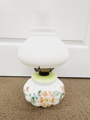 Antique Milk Glass Oil Lamp Hand Painted Base White Floral | eBay