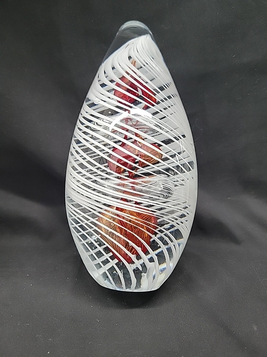Vintage Murano Glass Paperweight spiral White + Red egg-shaped 7 3