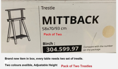 Pack of 2 Ikea Mittback TRESTLE TABLE Wooden Stand Leg + Shelf