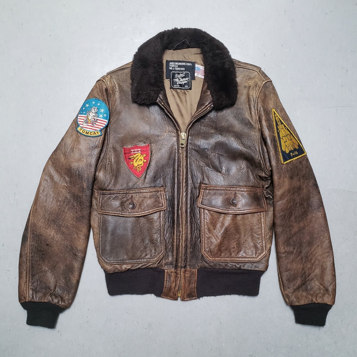 Vtg SCHOTT PERFECTO G-1 Leather Bomber Jacket F-14 Tomcat Patches