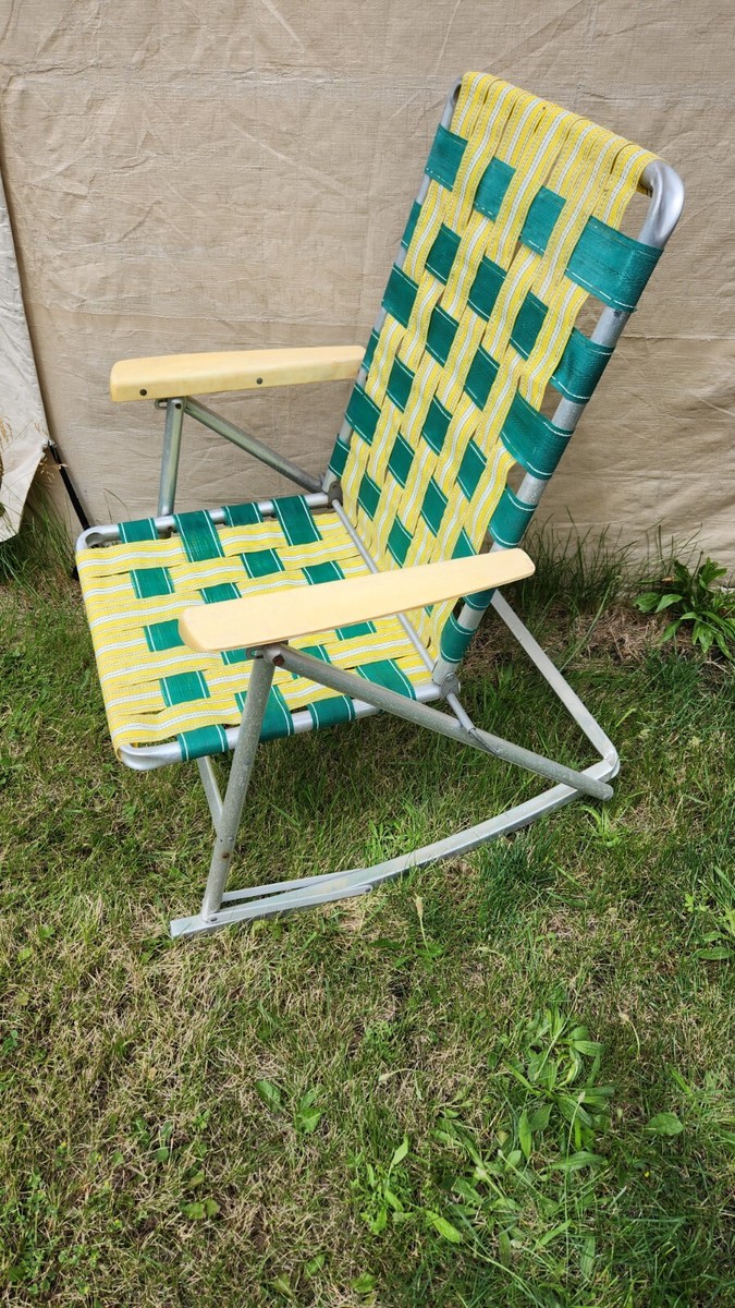 Vintage Folding Lawn Chair Rocking Aluminum Frame Yellow & White