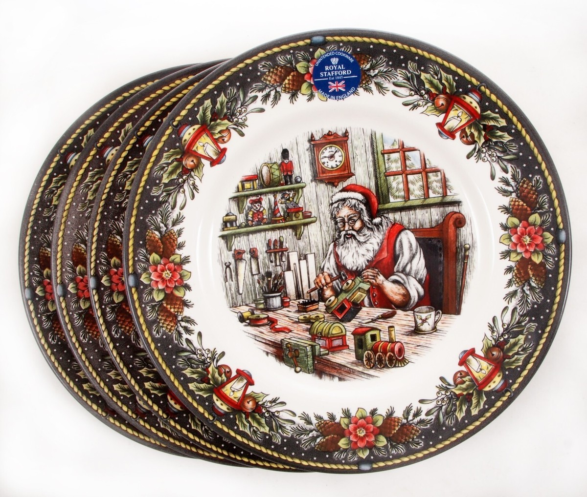 Royal Stafford Santa's Christmas Toy Workshop Dinner Plates Set of