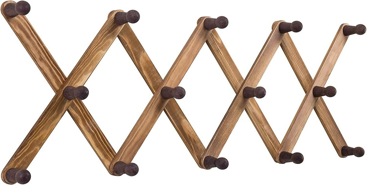14Hook Burnt Brown Wood Wall Mounted Expandable Accordion Peg Coat