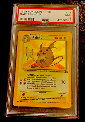 1999 POKEMON FOSSIL RAICHU HOLO #14 PSA 7.5 NM+. FRESHLY GRADED