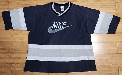 Vintage 90s Nike Swoosh Embroidered Hockey Navy Jersey Shirt Grey