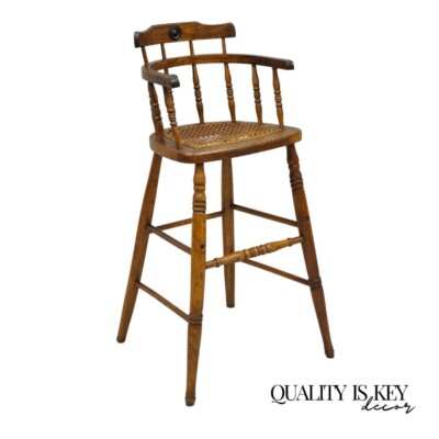 Antique Victorian Small Child's Oak Wood Spindle Cane Seat High