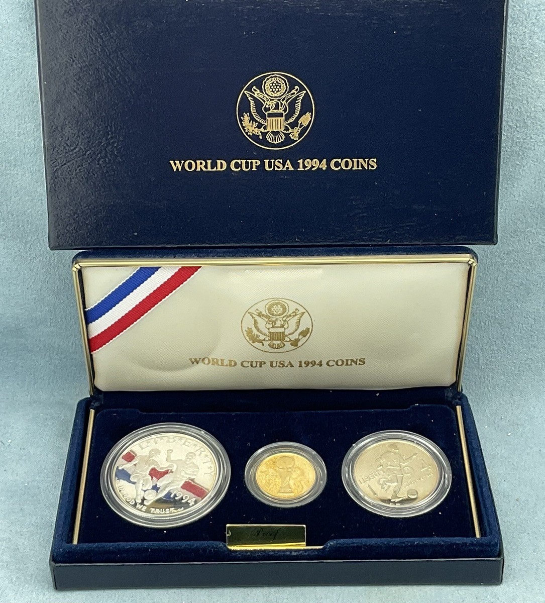 1994 World Cup Proof 3-Coins Set-Gold $5, Silver $1 & $.50 Commem