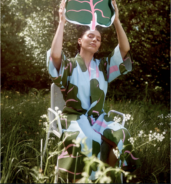 MARIMEKKO x IKEA BASTUA Kimono Robe Blue Green Rhubarb Leaf Print