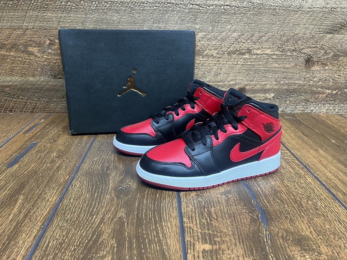 Nike Air Jordan 1 Mid Banned Bred Black Red GS Size 4Y - Fast ship