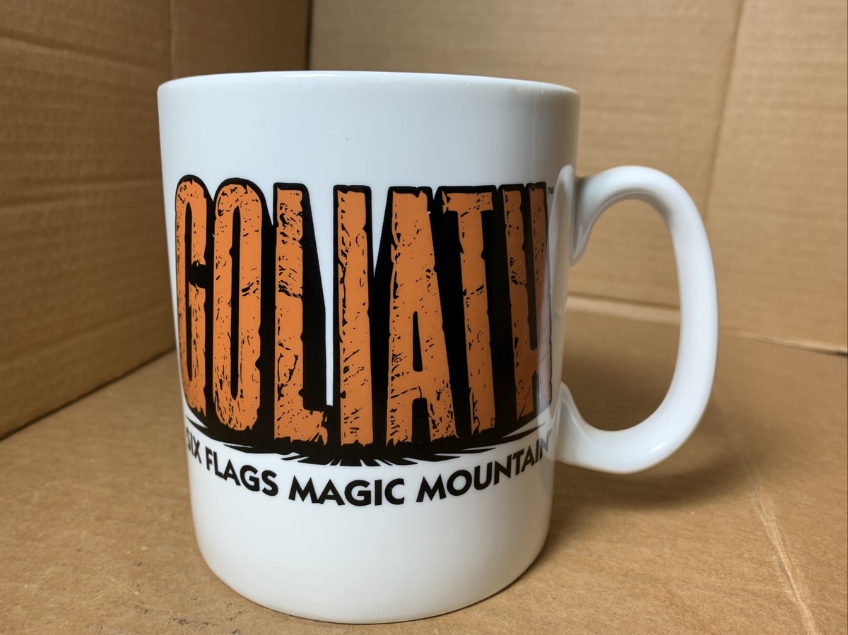 Vtg Six Flags Magic Mountain GOLIATH HUGE Ceramic LOGO Mug Roller