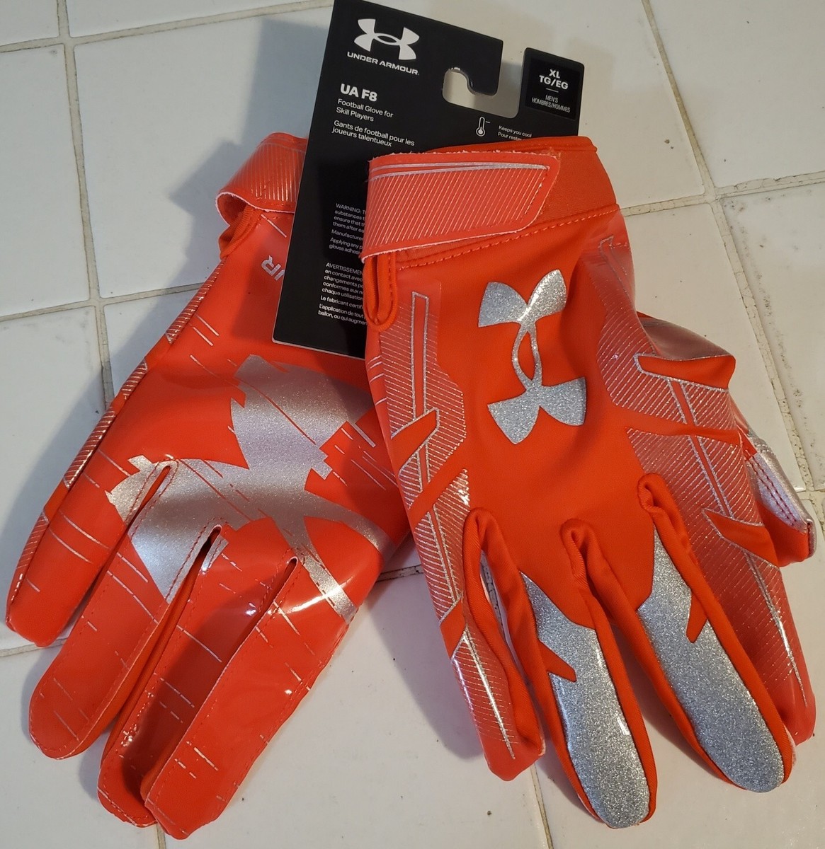 Under Armour UA F8 LE Orange Silver Football Gloves XL Mens WR TE