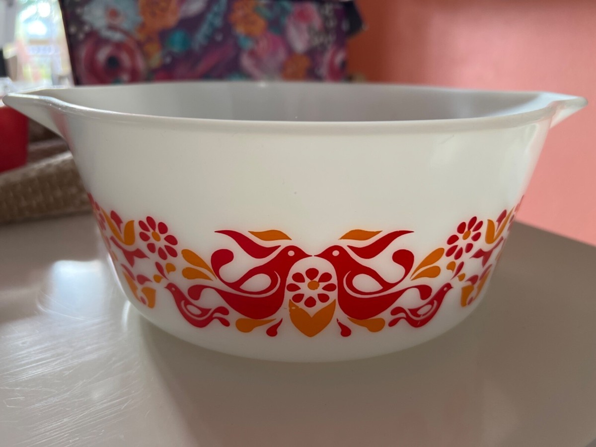Vintage 473 Pyrex 1 Qt Casserole Dish Friendship Orange Red Birds