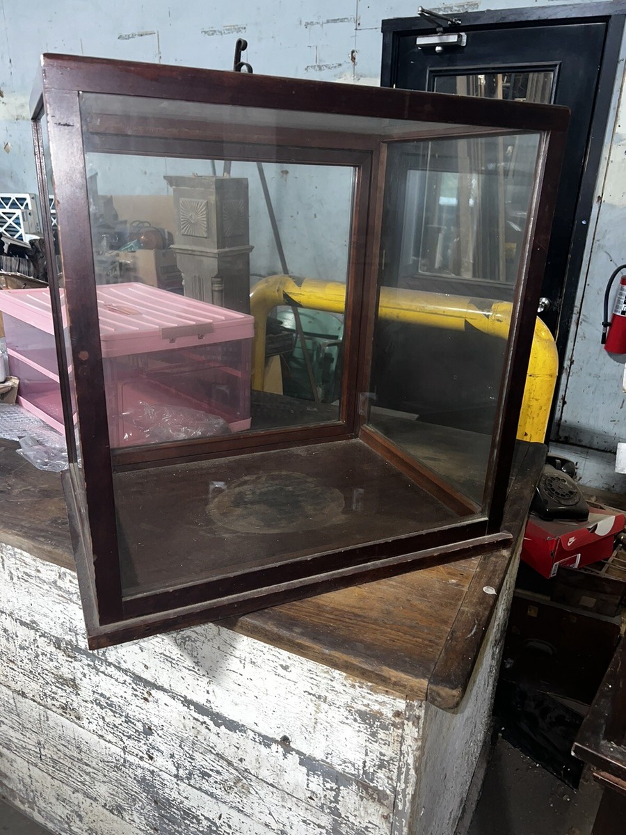 vintage antique counter top glass display case mahogany 19” d x 25